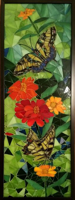mosaic, stained glass, zinneas, swallowtail, butterflies, garden, red, orange