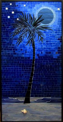 mosaic,moon,blue,beach,sand,palm,tree,night,stained glass,stars,moonlight