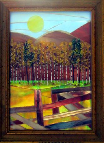 autumn,aspens,,mountain,meadow,fence,trees,glass,stained glass,miniature,mosaic